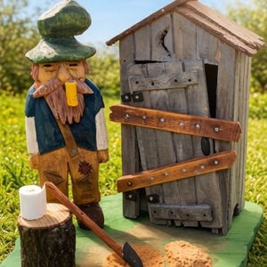 May include: A hand-carved wooden figurine of a bearded person wearing a green hat and blue shirt, standing next to a small wooden outhouse. A roll of toilet paper sits on a tree stump, with a shovel and a small pile of dirt on the base.