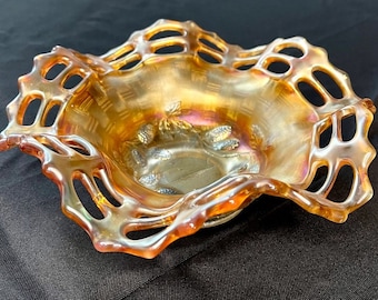 Fenton Marigold Carnival Glass Open Edge Basket Weave Bowl