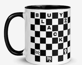 Kaufen Sie schwarze Keramikbecher Schachbrett Design mit afrocentric Symbols Unterstützung für Unternehmen in schwarzem Besitz 11 Unze Tasse Farboptionen Ujamaa Trinkgefäße