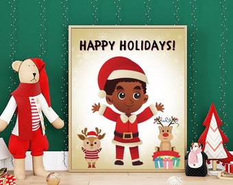 Digital Instant Download  Christmas Wall Art  Christmas Printable  Black Boy  16 by 20 inch Print  Happy Holidays  Christmas Home Decor