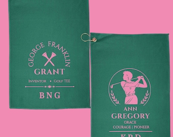 Personalized Black Golf History Towel Set | Custom Initials | Ann Gregory | George Franklin Grant | Golf Gift | Black Greek | Pink and Green