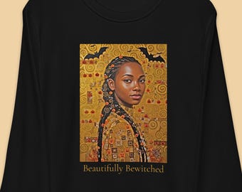 Beautifully Bewitched Halloween Sweatshirt, Black Woman Art, Organic Cotton Pullover, Elegant Witchy Fall Crewneck Eco Friendly Sweatshirt