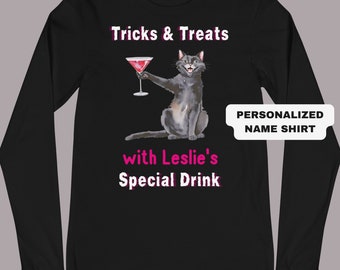 Personalized Halloween Cat Shirt Halloween Drinks Customized Cat Shirt Halloween Host Shirt Cat Lovers Shirt Pink Halloween Cat Lovers Gift