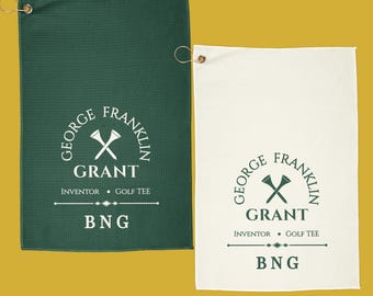 Personalized Black Golf History Towel Set | Custom Initials | George Franklin Grant | Golf Gift | Black Golf Legacy | Green and White