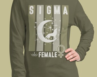 Signa-Frauen-Langarm-Militärgrün-Hemd Unabhängiger souveräner einsamer Wolf-Mond-T-Stück Empowerment-T-Shirt für Frauen