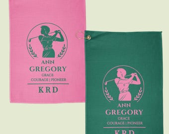 Personalized Black Golf History Towel Set | Custom Initials | Ann Gregory | Golf Gift | Black Golf Legacy | Sorority | Pink and Green