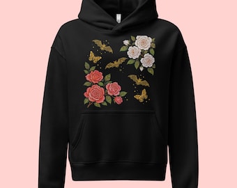 Romantic Goth Floral Hoodie, Bat and Rose Sweatshirt, Dark Feminine Halloween Pullover, Women’s Relaxed Fit