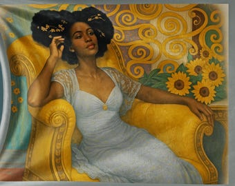 Serenity Sherpa Decke Afro Art Home Decor schwarze Frau im blauen Kleid und Sonnenblumen Decke Regal Rest Decke Black Art Afro Boho werfen