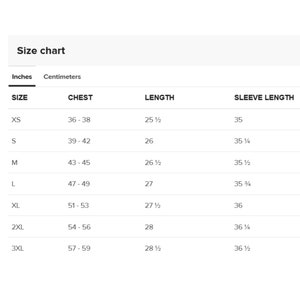 May include: A size chart for a garment, displaying measurements in inches and centimeters. The chart includes sizes XS to 3XL, with chest, length, and sleeve length measurements. The chest measurements range from 36 to 59 inches.