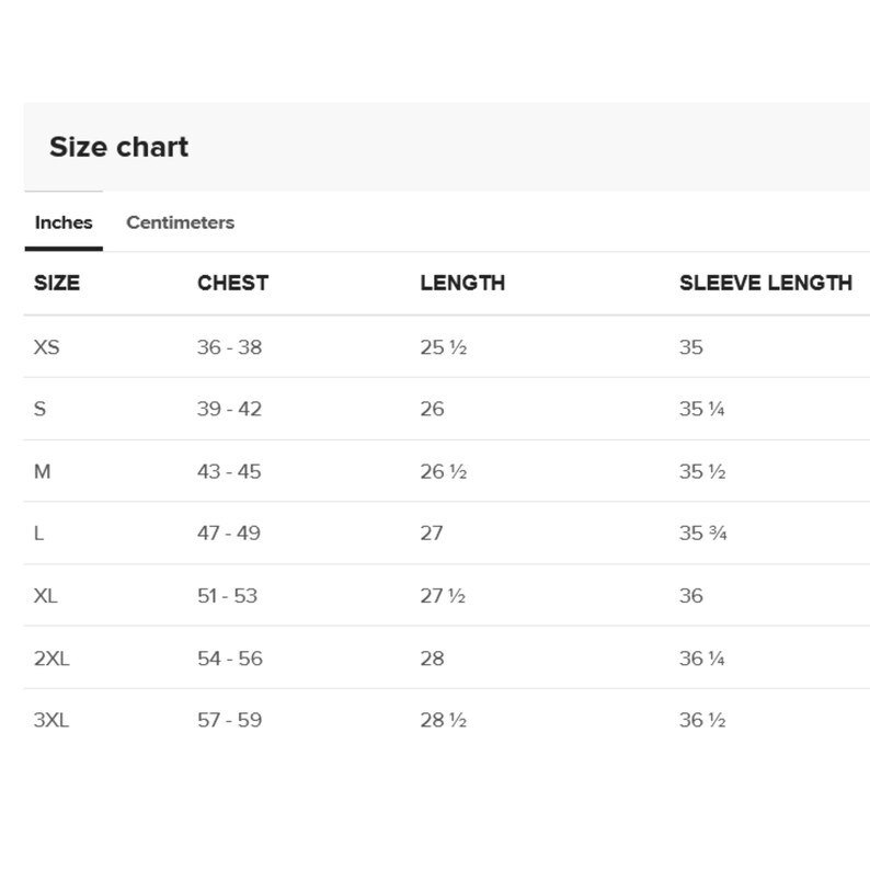 May include: A size chart for a garment, displaying measurements in inches and centimeters. The chart includes sizes XS to 3XL, with chest, length, and sleeve length measurements. The chest measurements range from 36 to 59 inches.