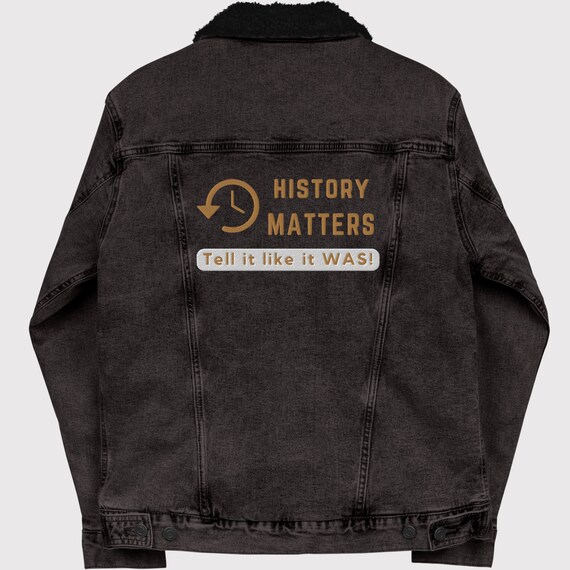 Ecofriendly Denim Sherpa Lined Jacket  History Buff Jacket Embroidered Denim Jacket  Streetwear Style Denim Jacket  History Gift Black Denim