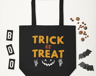 Organic Cotton Double Sided Halloween Tote Bag  Trick or Treat Tote Bag   Eco Friendly Tote Bag