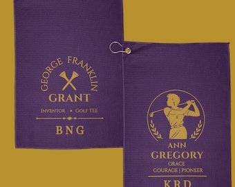 Personalized Black Golf History Towel Set | Custom Initials | Ann Gregory | George Franklin Grant | Black Greek | Purple and Gold |