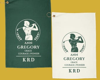 Personalized Black Golf History Towel Set | Custom Initials | Ann Gregory | Golf Gift | Black Golf Legacy | Green and White