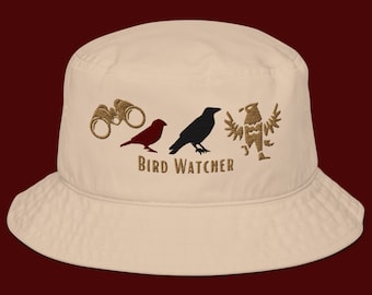 Organic Cotton Embroidered Bucket Hat  Gift For Bird Lovers Bird Watcher Bucket Hat  Bird Watcher Gift  Bird Lover Gift  Eco friendly Hat