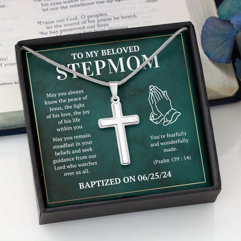 Personalized Baptism Gift for Stepmom, Cross Necklace Gift for Stepmom
