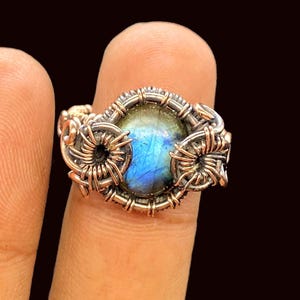 Oxidized Copper Ring: Blue Labradorite, Wire Wrapped, Boho Hippie