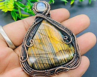 Wire Wrap labradorite and moonstone copper wire wrapped pendant necklace oxidized pendant Gemstone Jewelry Gift for her, Gift for Mother
