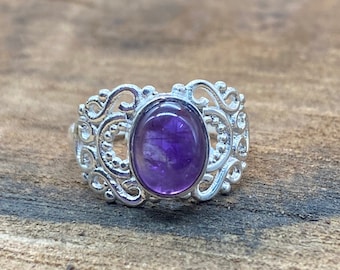 Anello ovale in ametista boho fatto a mano: argento sterling 925