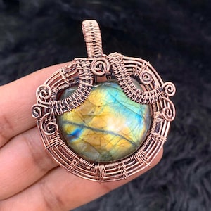 Wire Wrapped Labradorite Copper Pendant - Antique Style Handmade Jewelry