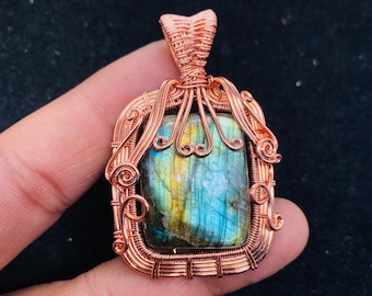 Handmadae Blue Fire Labradorite Colgante Alambre De Cobre Envuelto