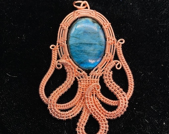 Wire Wrpped Pendant Octopus Pendant With Free Chain Natural Labradorite Pendant For Unisex Copper Wire Pendant Handmade Pendant Gift For Her