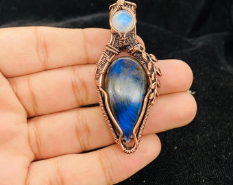 Labradorit Mondstein Kupfer Anhänger: Draht Gewickelt Boho Schmuck