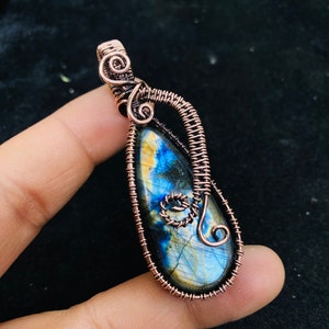 Labradorite Copper Wired Wrapped Pendant Beautiful Blue Gemstone Pendant Wire Pendant Valentine Gift Dainty Pendant Copper Jewelry