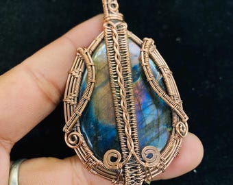 Wire Wrapped Labradorite Pendant: Handmade Copper Boho Jewelry