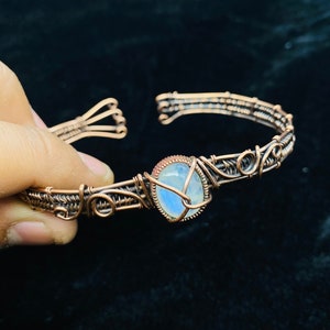 Rainbow Moonstone Bracelet Copper Wire Wrapped Cuff Bracelet Handmade Bangle Woman Bracelet Statement Bracelet Gift For Fiancée