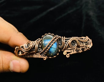 AA Blue Flashy Labradoite Wire Wrap Bangles Oxidized Bracelet Copper Wire Wrapped Cuff Bracelet Wire Wrapped Jewelry Handmade Jewelry  Item