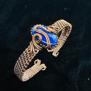 Lapis Lazuli Cuff Bracelet Copper Wire Wrapped Gemstone Bangle Handmade Adjustable Bangle Copper Wire Wrap Jewelry Engagement Gift For Her