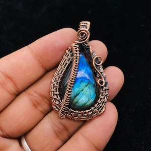 Flashy Labradorite Copper Pendant: Wire Wrapped Gemstone Necklace