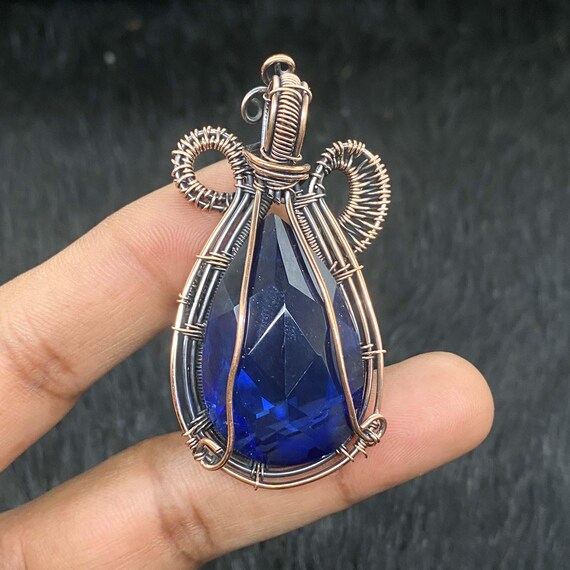 Blue Glass Gemstone Pendant: Handmade Copper Wire Wrapped Jewelry