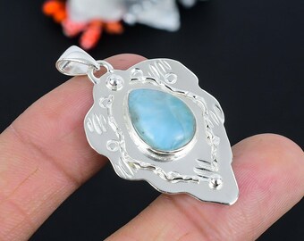 Handmade Pear Larimar Pendant: 925 Sterling Silver Necklace
