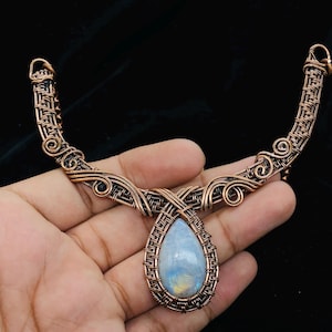 Rainbow Moonstone Necklace Wire Wrapped Necklace Fire Moonstone Gemstone Necklace Unique Wire Necklace Adjustable Jewelry Anniversary Gift