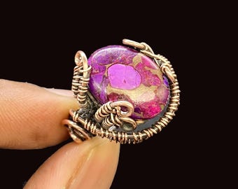 Purple Copper Wire Wrapped Ring : Handmade Solitaire Oxidized Ring,