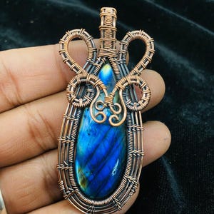 Blue Labradorite Wire Wrapped Pendant Copper Pendant Gemstone Pendant Jewelry Handmade Crystals Jewelry Birthstone Pendant Gift For Wife