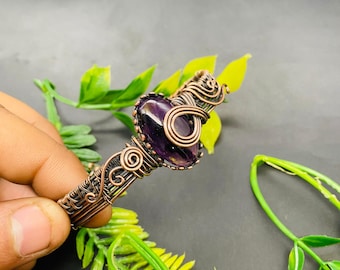 Wire Wrapped Amethyst Copper Bangle Bracelet: Handmade Gemstone Jewelry