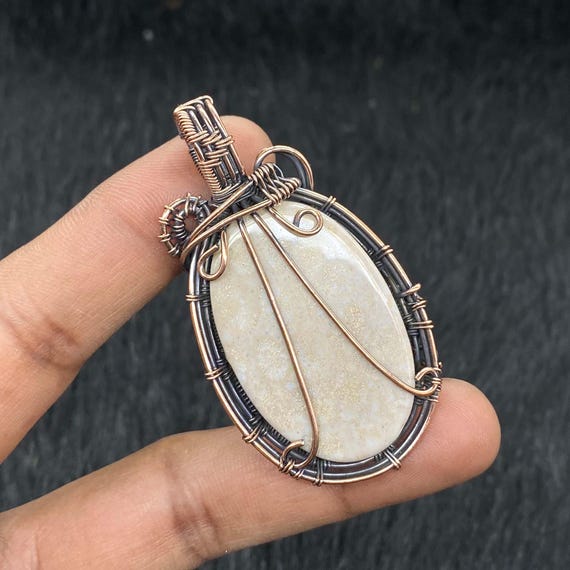 Handmade Fossil Coral Pendant: Oval Copper Wire Wrapped Gemstone