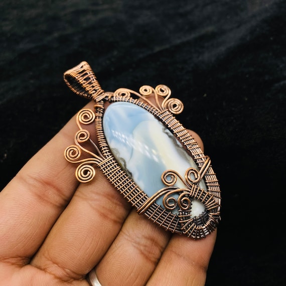 Blue Opal Copper Wire Wrapped Pendant: Handmade Boho Jewelry - Main Image
