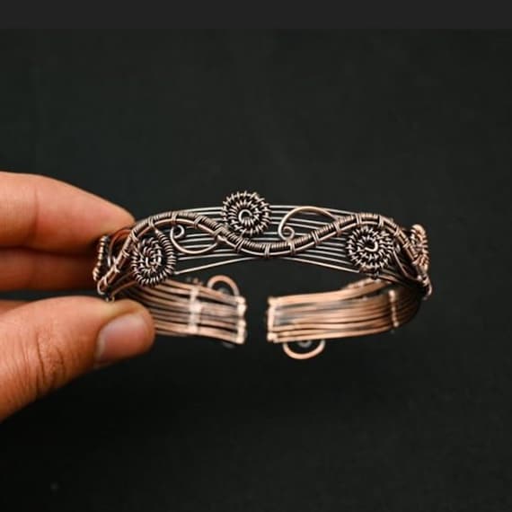 Handmade Antique Copper Wire Wrapped Cuff Bracelet: Boho Open