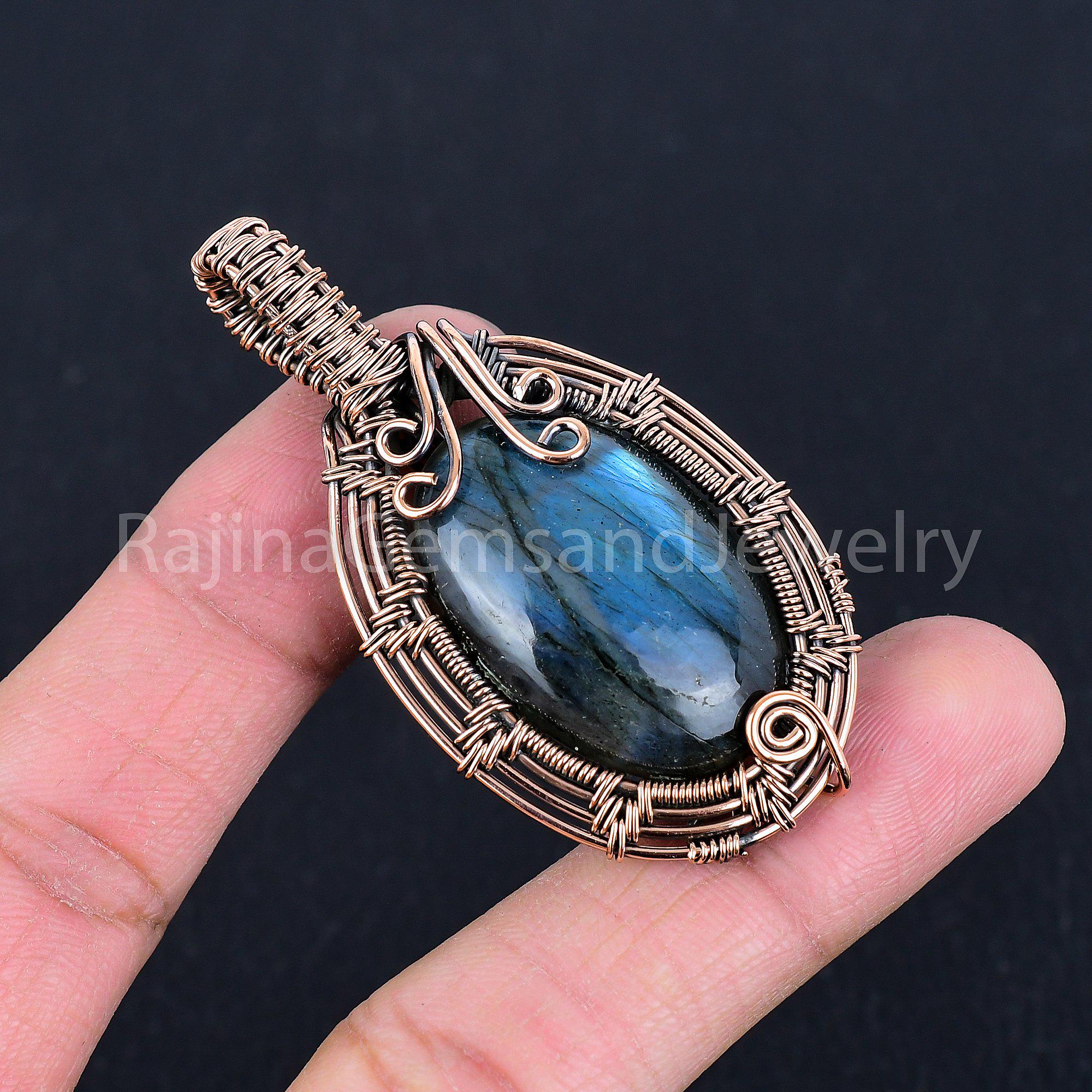 Ciondolo In Labradorite Naturale Con Filo Di Rame - Fatto A Mano, Gioiello Artigianale India