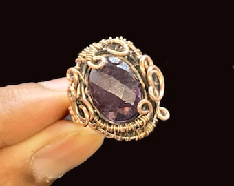 Handmade Amethyst Ring: Copper Wire Wrapped Gemstone Statement Ring