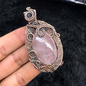 Pink Quartz Copper Wire Wrapped Pendant Rose Quartz Gemstone Pendant Oval Pendant Wire Jewelry Copper Pendant Designer Pendant For Wife