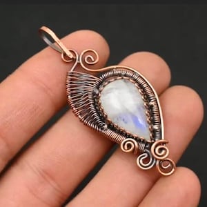 Rainbow Moonstone Copper Wire Wrapped Pendant Antique Gemstone Pendant Statement Jewelry Elegant Designer Pendant Blue Flashy Pendant