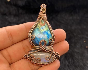 Labradorit Mondstein Kupfer Anhänger: Antiker Wire Wrapped Boho Schmuck