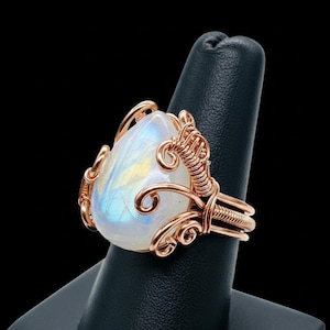 Handmade Copper Wire Wrapped Rainbow Moonstone Ring