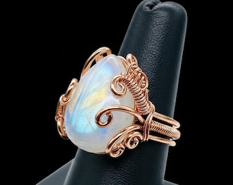 Handmade Copper Wire Wrapped Rainbow Moonstone Ring