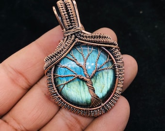 ワイヤーラップラブラドライトペンダント：銅製ボヘミアン